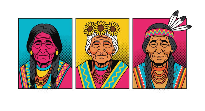 Colorful pop art portraits of native american elders in traditional attire