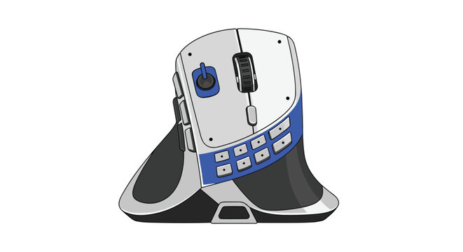A vertical ergonomic computer mouse with blue buttons, a scroll wheel, and a joystick is isolated on a white background.