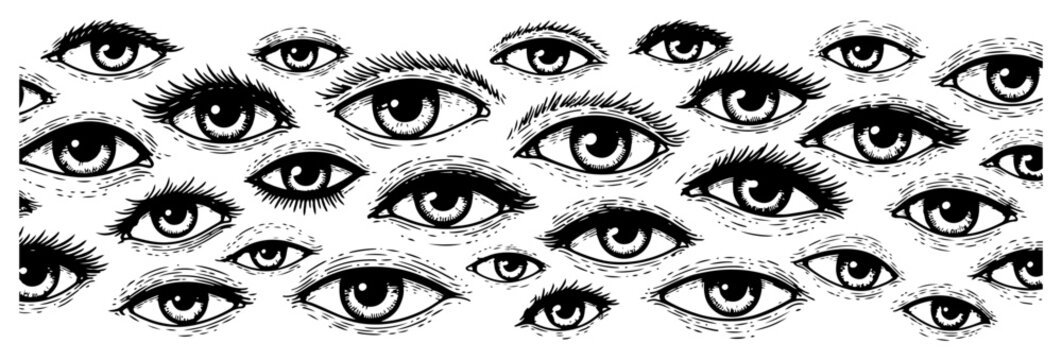 Multiple human eyes watching in surreal pattern engraving style