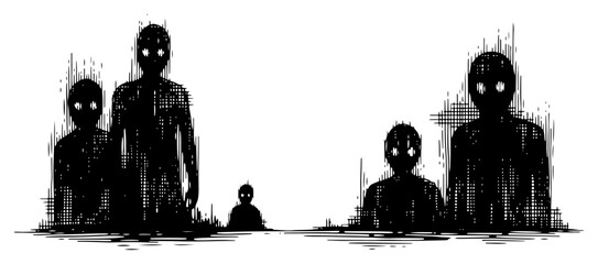 Mysterious shadowy silhouettes with glowing eyes in dark hatching glitch style © Wera