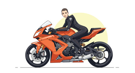 Obraz premium A stylized illustration shows a woman in a black motorcycle suit sitting on an orange sportbike against a clean white background.