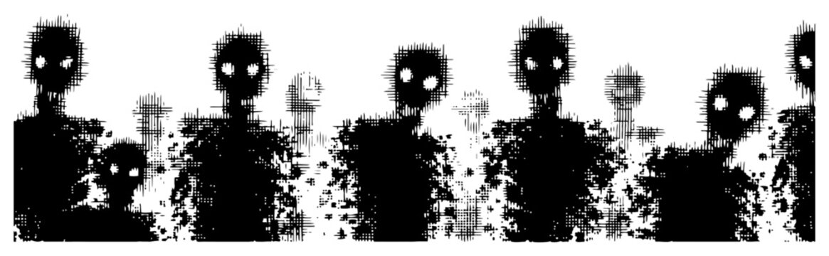 Crowd of eerie shadowy figures with bright eyes in gritty distorted horror style