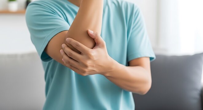 Person clutches their elbow, possibly experiencing pain. Focus on arm and shirt, blurred background
