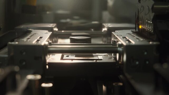 Robotic system components moving metal parts through an automated production line, completing intricate tasks in a modern factory setting with precision and efficiency
