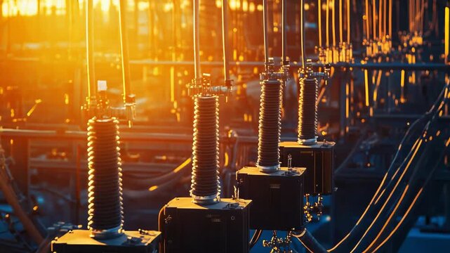 High voltage insulators and electrical grid infrastructure detail, distributing energy and power to homes and businesses from a power transformation substation at sunset