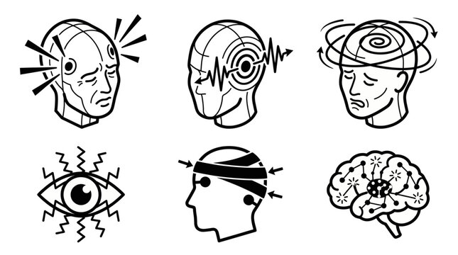 Black and White Outline Mental Health and Headache Icon Set with Brain Stress Migraine and Eye Strain, Neurology Psychology and Mind Disorder Symbol Collection