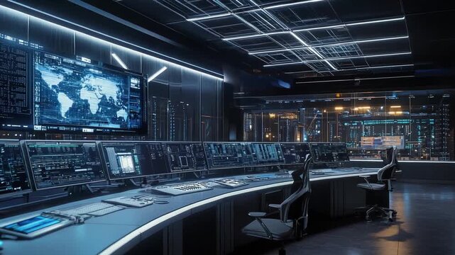 Modern cyber facility with multiple digital screens displaying world map data and complex security algorithms, creating a high tech environment for monitoring and analysis operations