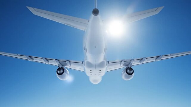 Airplane underside view against bright blue sky background