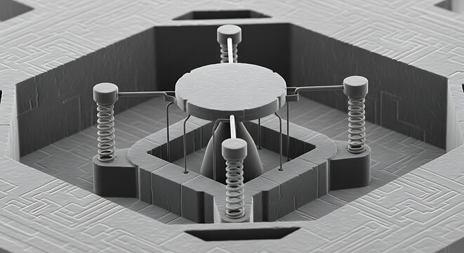 Scanning electron microscope SEM view of a microscopic mechanical device with wire-like springs. Nanotechnology research and development for ultra-miniature sensors and cybernetic robot components.