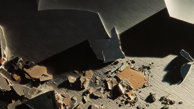 Metallic fragments and abrasive dust scattering on a brushed dark surface compose an abstract background, combining textures, shapes, and dramatic lighting