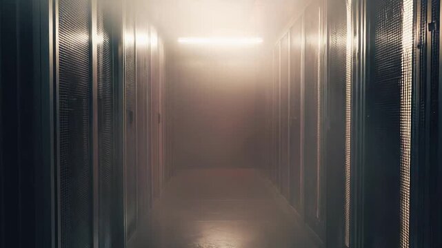 Server room hallway filled with atmospheric fog and soft glowing light at the end, creating a mysterious, futuristic ambiance for technology, data and infrastructure concepts