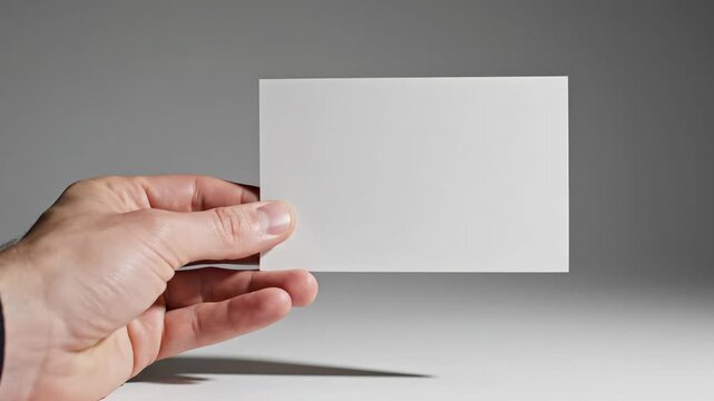 A male hand holds a single blank A6 postcard flyer mid-air against a grey background in a minimalist print design mockup presentation.