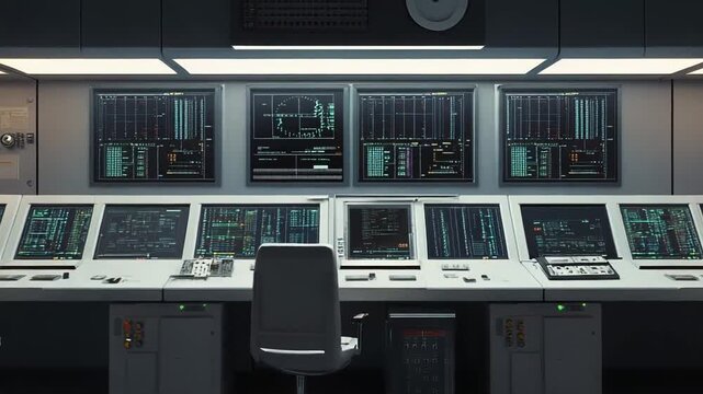 Control room with a large console and multiple digital screens displaying data and information, creating a futuristic and technical workspace for complex operations