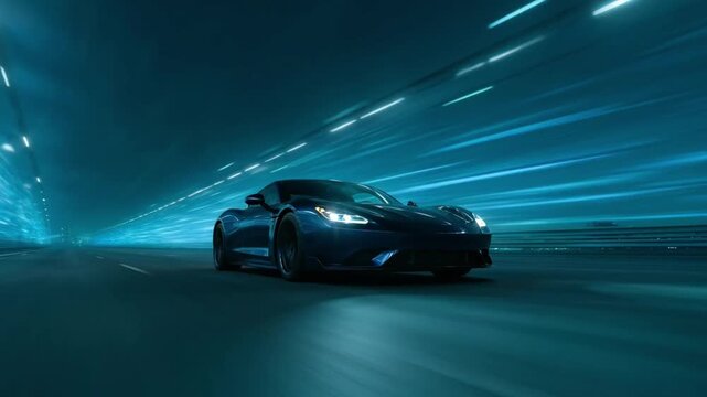 Cinematic shot of a sleek blue sports car driving fast through a futuristic illuminated tunnel at night