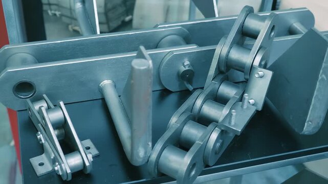 Examples of huge industrial chains for heavy industry are presented at the exhibition. Closeup. Shot in motion 