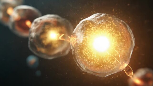 Human cells and neurons connecting and transmitting electrical impulses, visualizing complex biological processes, neurology, and energy transfer in a glowing network