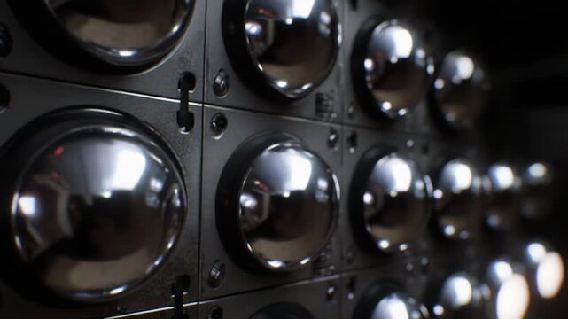 Industrial control panel featuring illuminated circular lamps and reflective metallic domes, creating a patterned surface hinting at technology, machinery, and automation in a dark environment
