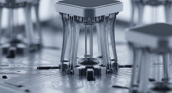 Microscopic view of a micro-electro-mechanical system MEMS sensor with silicon legs. High-tech nanotechnology component for industrial sensing, aerospace electronics, and semiconductor design chip.