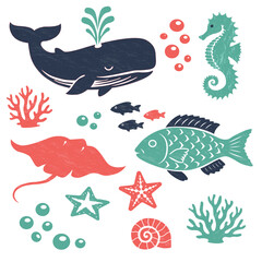 Obraz premium Colorful set of whale, fish, seahorse, stingray, coral and starfish in linocut style with grain texture for ocean themes