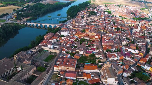 Aerial panorama view of the old town and city  Tordesillas in Spain on a sunny noon summer day