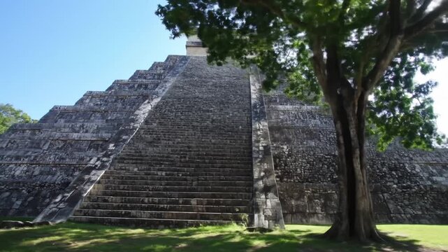 Majestic Chichen Itza Pyramid: Ancient Mayan Architecture, Sunny Day