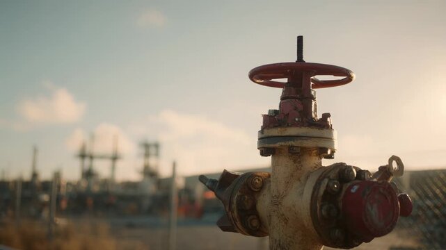 Industrial flow control valve and pipeline at a petroleum refinery, weathered metal and rusted fittings against distant processing units under a bright blue sky, daytime operation