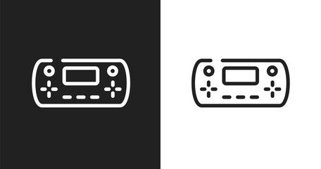 Handheld game console icon. Linear black, white icon from smart devices collection. Outline handheld game console vector. Thin line symbol isolated on white and black background © VectorStockDesign