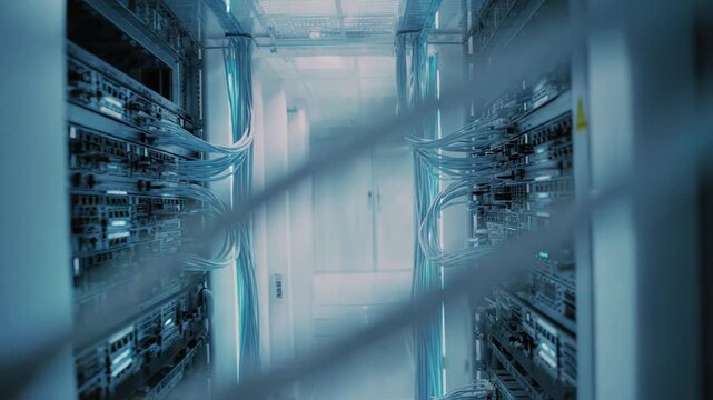 Server racks with blinking lights and numerous network cables filling a secure, operational data center highlighting modern it infrastructure, communication, and big data technology