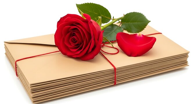Stack of brown envelopes with red string, a red rose, and a petal on a white backdrop