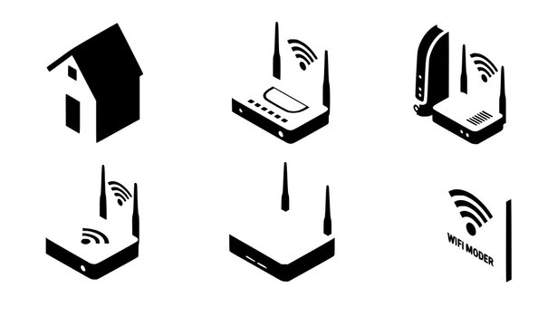 Internet modem WiFi router isometric technology vector set
