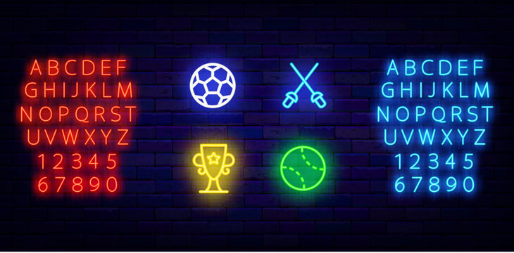 Sports neon icons collection. Fencing swords. Football and tennis. Winner cup. Light blue and red alphabet. Shiny greeting card. Bright banner. Vector stock illustration