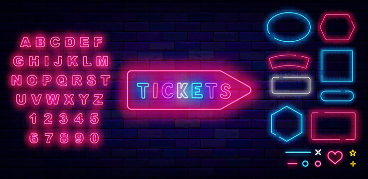 Tickets pointer neon sign on brick wall. Stage performance. Movie concert. Shiny pink alphabet. Geometric frames set. Luminous advertising. Vector stock illustration
