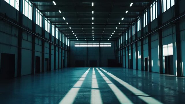 Vast empty industrial warehouse interior with concrete floor, high ceilings and large windows, bright artificial lights cast long dramatic shadows across the minimalist open space