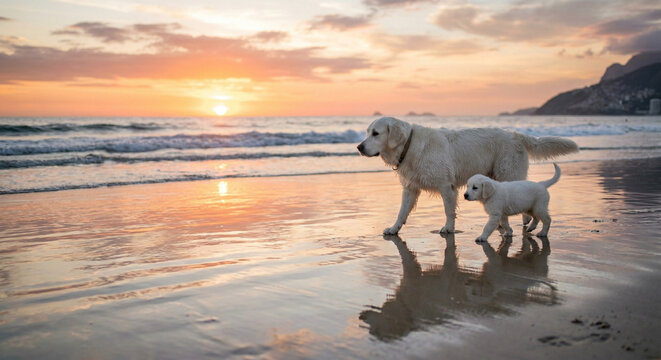 um cachorro branco com seu filhote andando no por do sol em uma praia refletindo um espelho d&aacute;gua