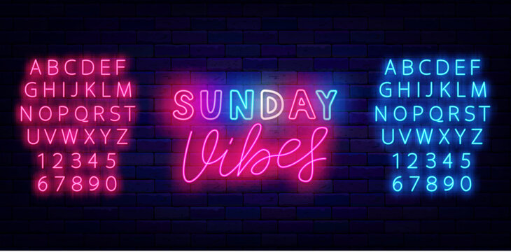 Sunday vibes neon label. Weekend mood. Glowing greeting card. Shiny pink and blue alphabet. Colorful handwritten text. Light poster on brick wall. Editable stroke. Vector stock illustration