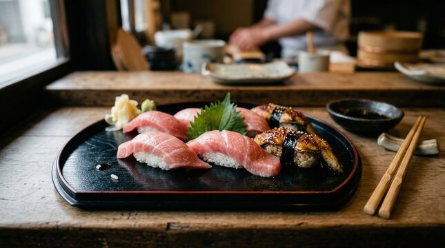 Traditional Edomae Nigiri Sushi Set on Wooden Board
