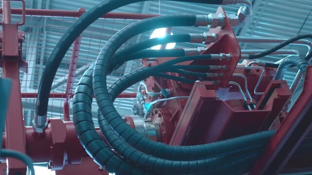Industrial equipment with many hydraulic and pneumatic hoses that enable the operation of mechanisms. Closeup. Shot in motion