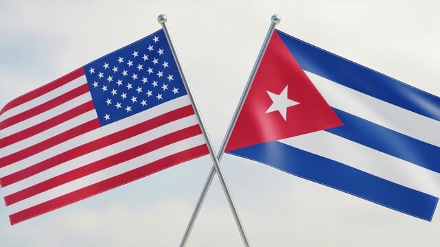 United States and Cuba flags waving together. National banners symbolizing diplomacy and international relations. Geopolitical cooperation and unity concept 3d render.