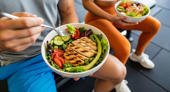 Two people enjoy fresh salads with grilled chicken after a workout at a gym