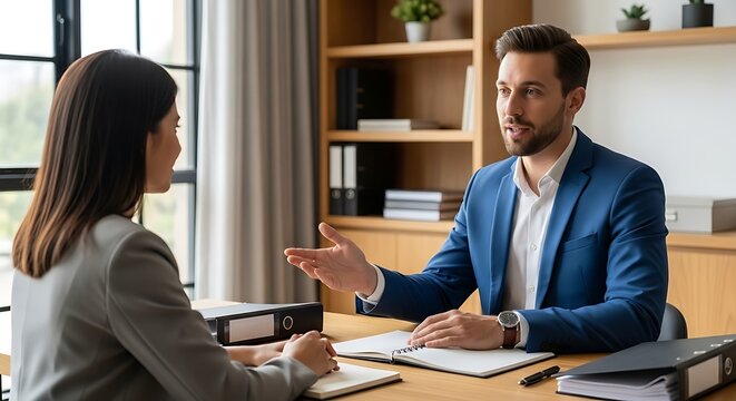 Two professionals at a desk, conversing in an office setting. One gestures, and file folders are visible