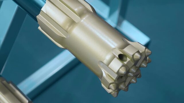 Samples of drilling bits of different designs for the corresponding works. Closeup. Shot in motion