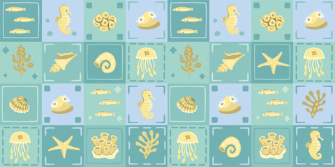Sea  seamless pattern with underwater inhabitants. Cartoon mosaic background with seahorse, fish, shells, corals, jellyfish, starfish. Vector print on fabric and wrapping paper, endless wallpaper. © Alla