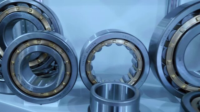 New industrial bearings of various types and sizes are presented at the machine tool exhibition. Close up. Shot in motion