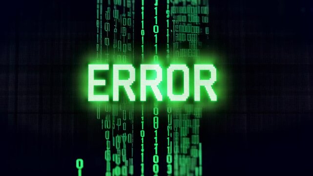 This depicts a futuristic green error screen with code and the prominent display of the word ERROR, symbolizing technical difficulties and digital problems in a cyber security context.