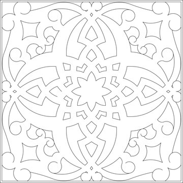 Technical architectural drawing showing a square decorative panel with a central eight-pointed star motif surrounded by radiating geometric shapes and stylized curvilinear floral elements.