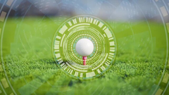 Golf ball on tee in grass field with nice futuristic hud display overlay to represent progression in technology, innovation and future plans with sport theme. 