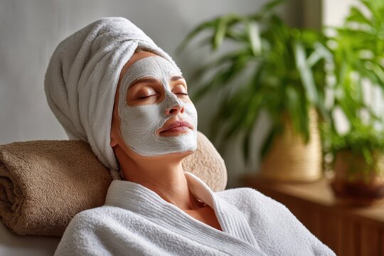 A serene woman with a facial mask and towel on her head, relaxing in a spa environment, enjoying a day of pampering and skin care treatment for beauty and wellness.
