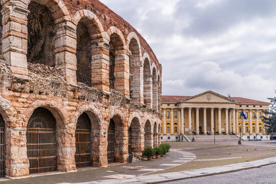 Verona Arena and Palazzo Barbieri in Piazza Bra, Verona, Italy.