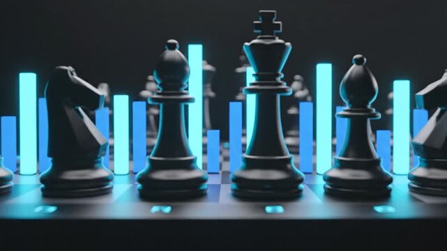 Chess pieces with illuminated lines representing data analysis on dark background