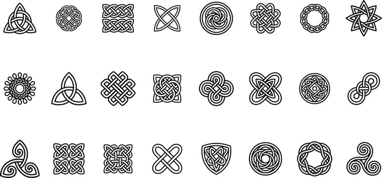 A collection of intricate Celtic knot designs on a white background